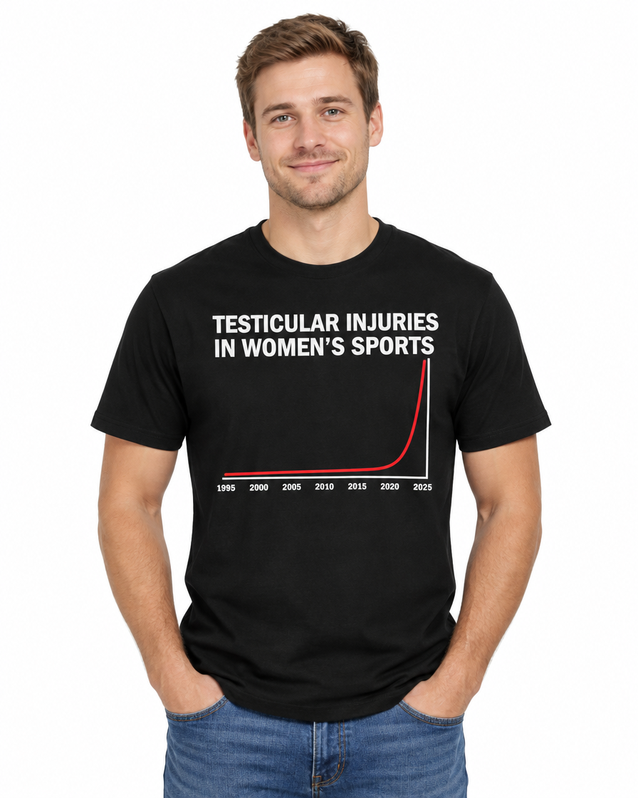 Man wearing the black Testicular Injuries in Womenβs Sports funny chart t-shirt