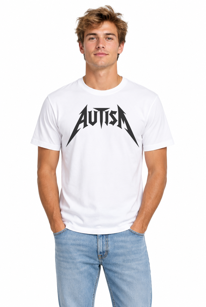 Man wearing the Autism heavy metal band parody funny t-shirt