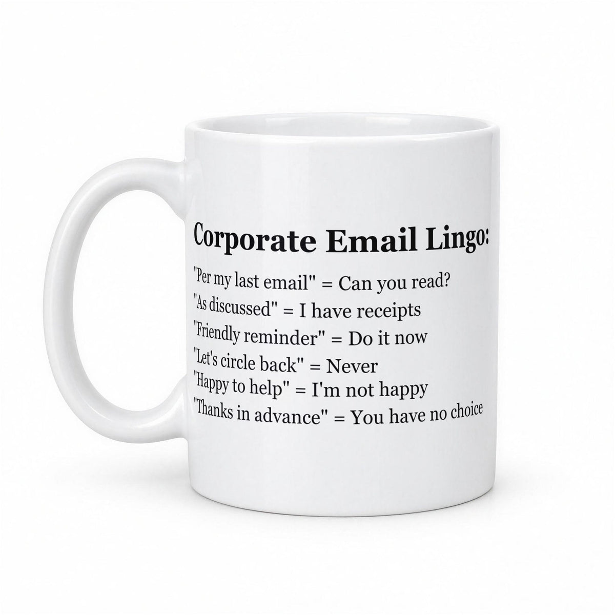 Per My Previous Email, Assh*le β Corporate Email Lingo Funny Office Mug β white ceramic mug, handle left