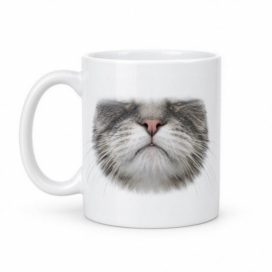 Unimpressed Cat Face Mug – Funny Cat Mouth Coffee Mug – white ceramic mug, handle left