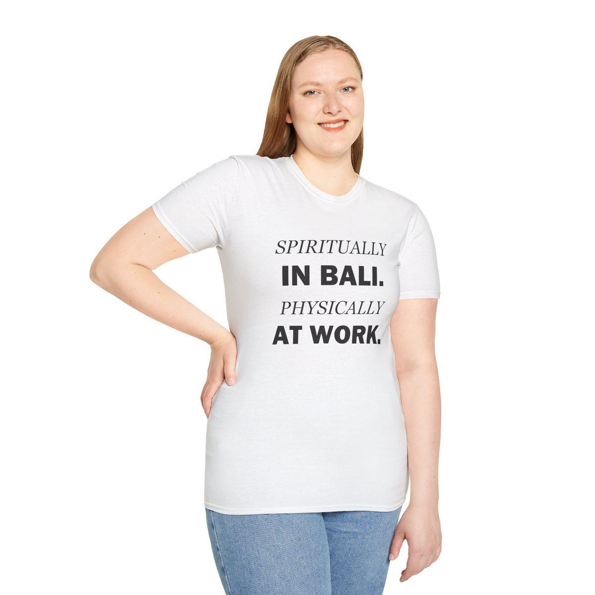 Spiritually in Bali Physically at Work Funny Office T-Shirt