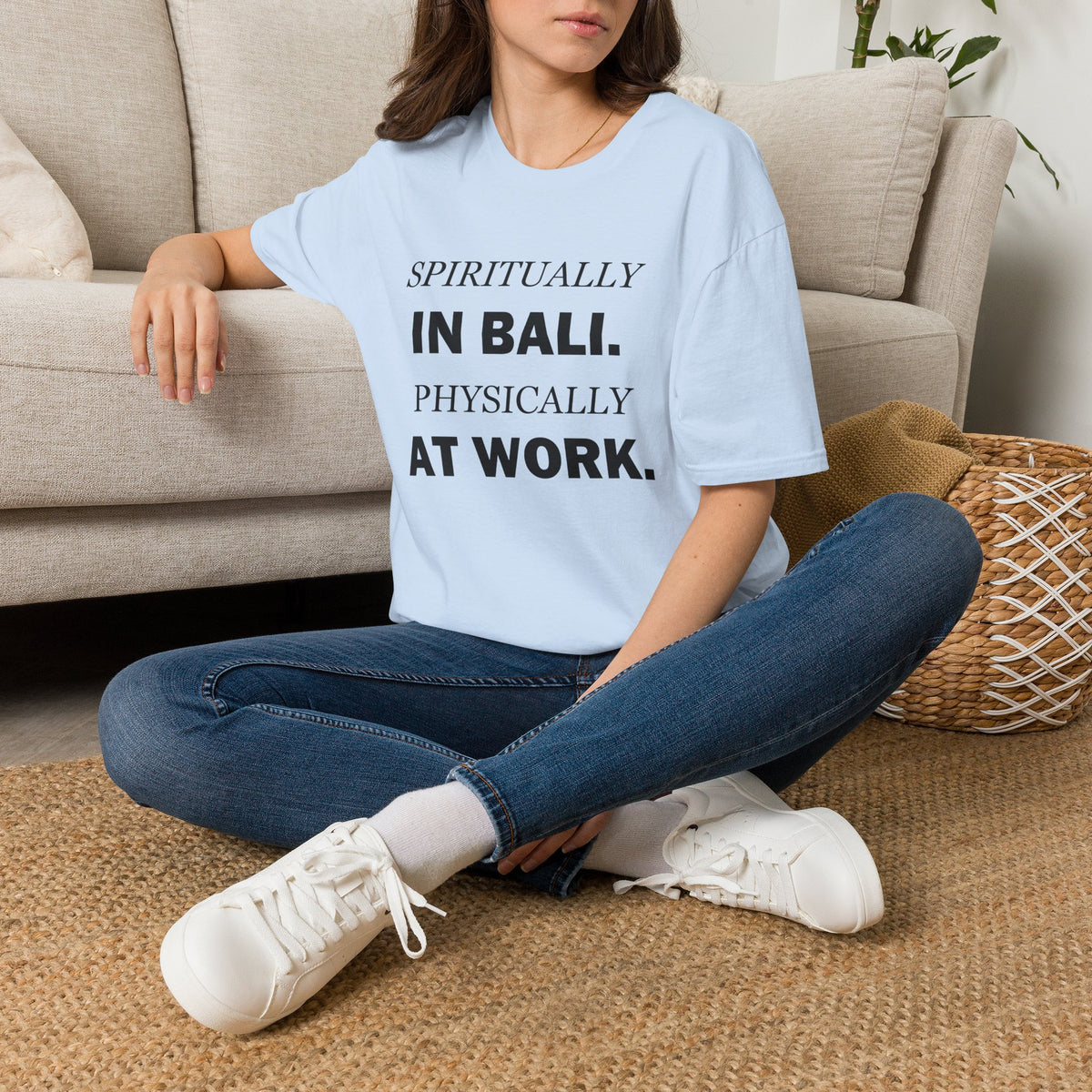 Spiritually in Bali Physically at Work Funny Office T-Shirt