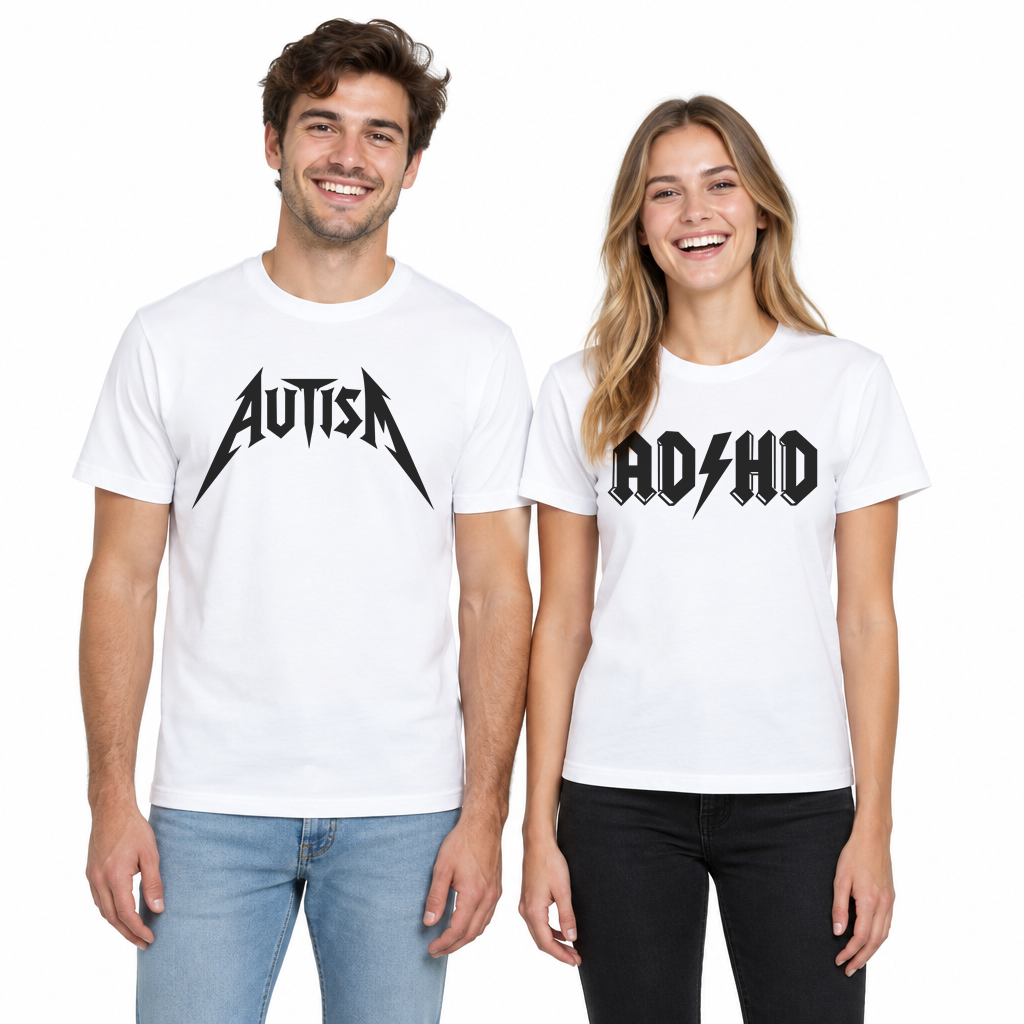 Two friends wearing the Autism and AD/HD band parody t-shirts