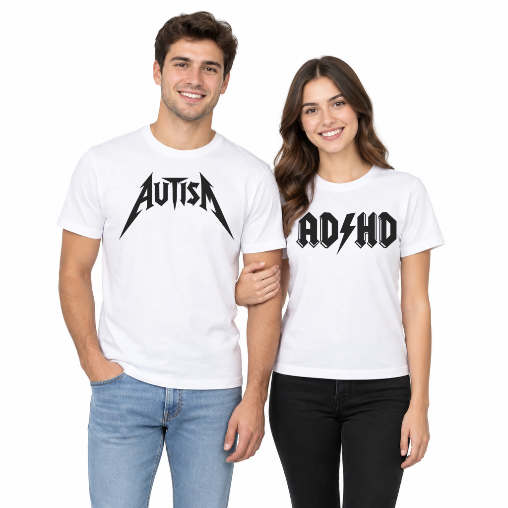 Couple wearing the Autism and AD/HD band parody t-shirts from The Neurospicy Duo Bundle