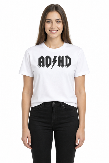 Woman wearing the AD/HD hard rock band parody funny ADHD t-shirt