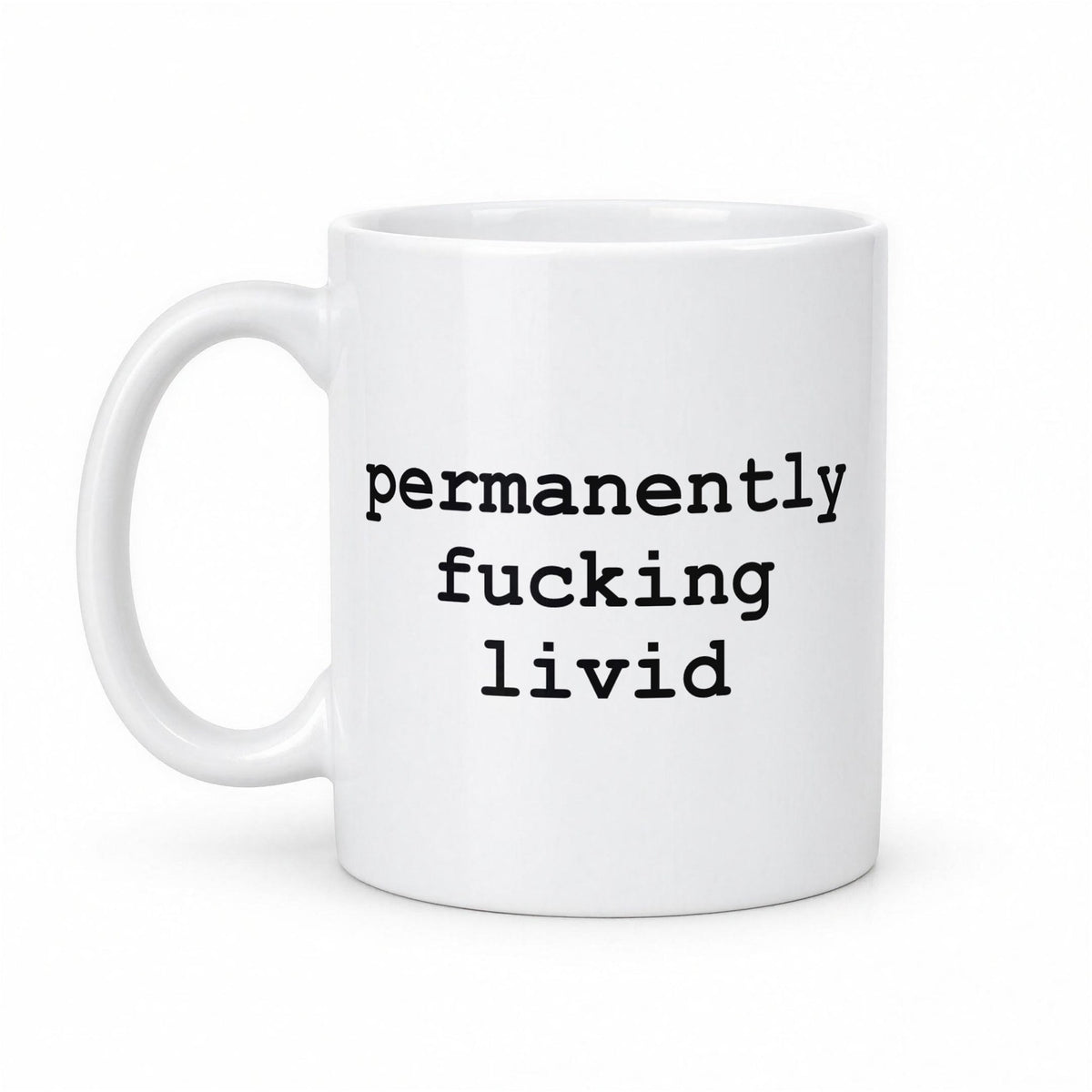 Permanently F*cking Livid Funny Typewriter Mug – white ceramic mug, handle left