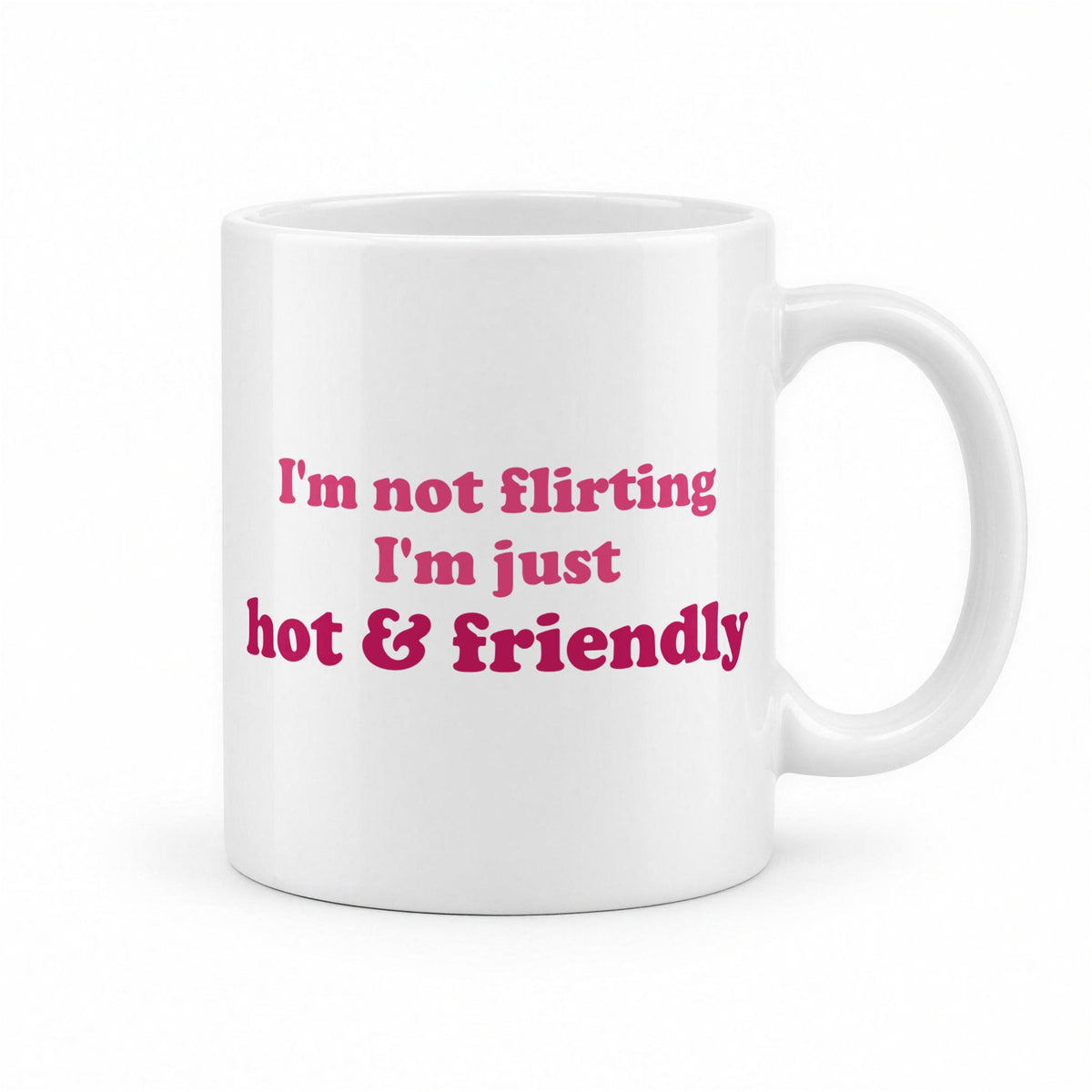 I'm Not Flirting, I'm Just Hot & Friendly Funny Coffee Mug – white ceramic mug, handle right