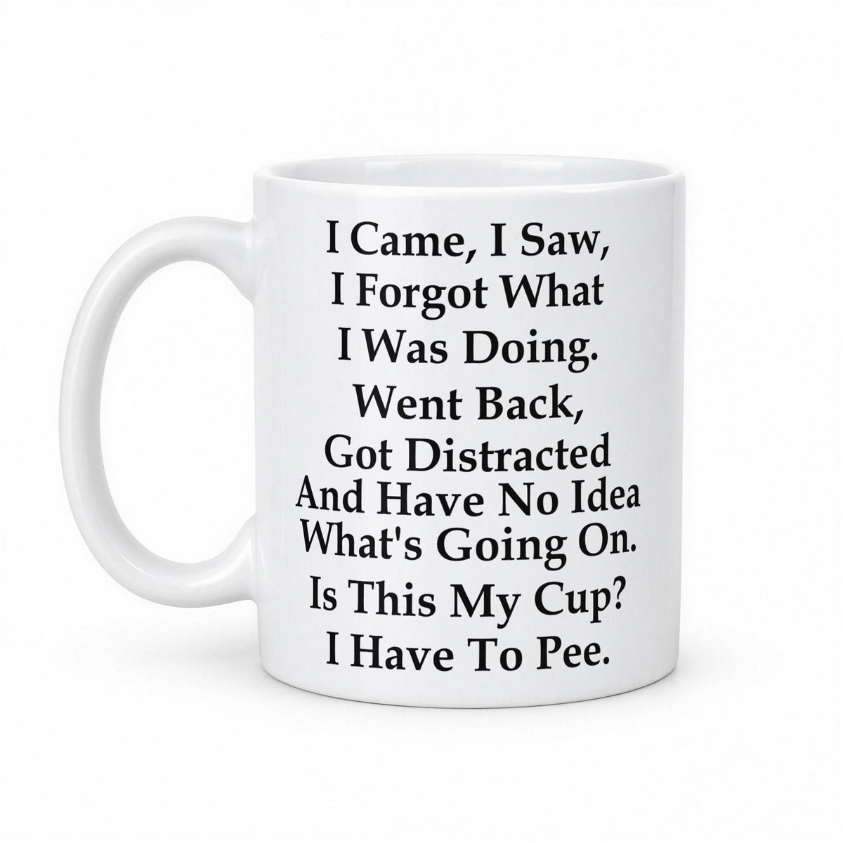 I Came, I Saw, I Forgot What I Was Doing Funny Coffee Mug – white ceramic mug, handle left