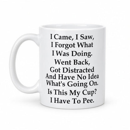 I Came, I Saw, I Forgot What I Was Doing Funny Coffee Mug – white ceramic mug, handle left