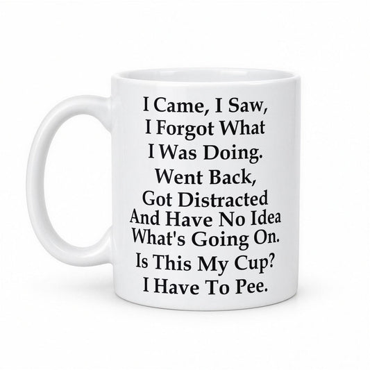 I Came, I Saw, I Forgot What I Was Doing Funny Coffee Mug – white ceramic mug, handle left