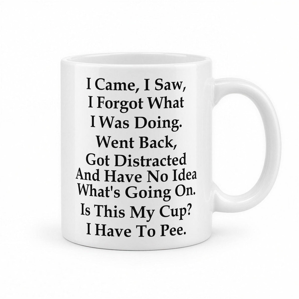 I Came, I Saw, I Forgot What I Was Doing Funny Coffee Mug – white ceramic mug, handle right