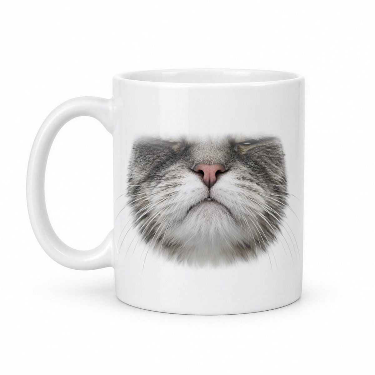 Unimpressed Cat Face Mug – Funny Cat Mouth Coffee Mug – white ceramic mug, handle left