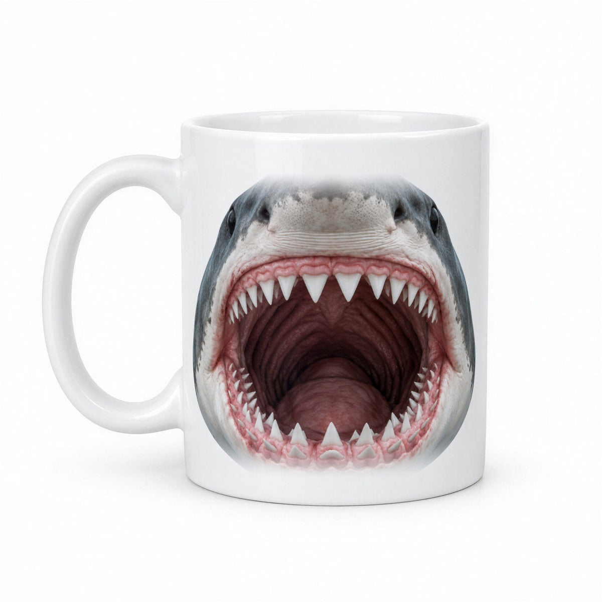 Shark Mouth Mug – Funny Shark Teeth Face Coffee Mug – white ceramic mug, handle left