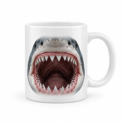 Shark Mouth Mug – Funny Shark Teeth Face Coffee Mug – white ceramic mug, handle right